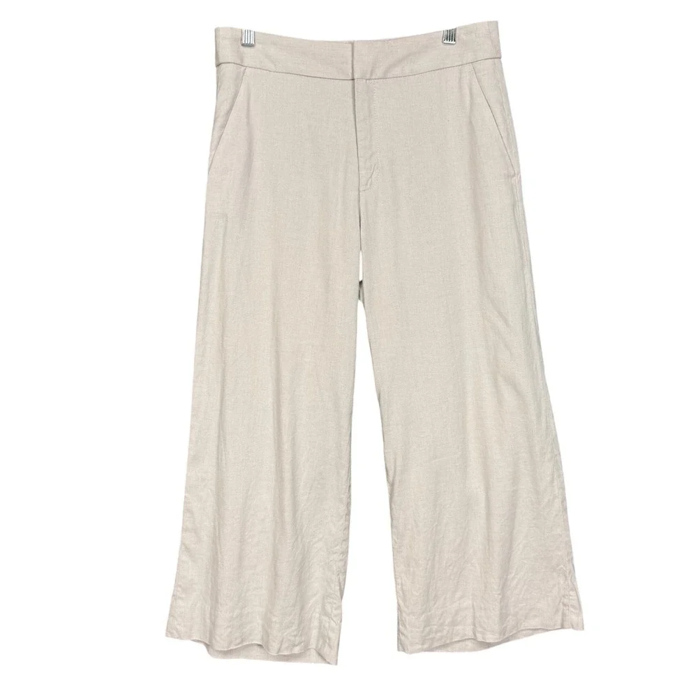Banana Republic Wide Leg Crop Pants Women 8 Beige Linen Cotton‎ Blend High Rise